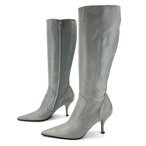 Dolce & Gabbana Gray Stiletto Heel Knee High Boots Size 9.5 Leather Pointed Toe - Picture 1 of 14
